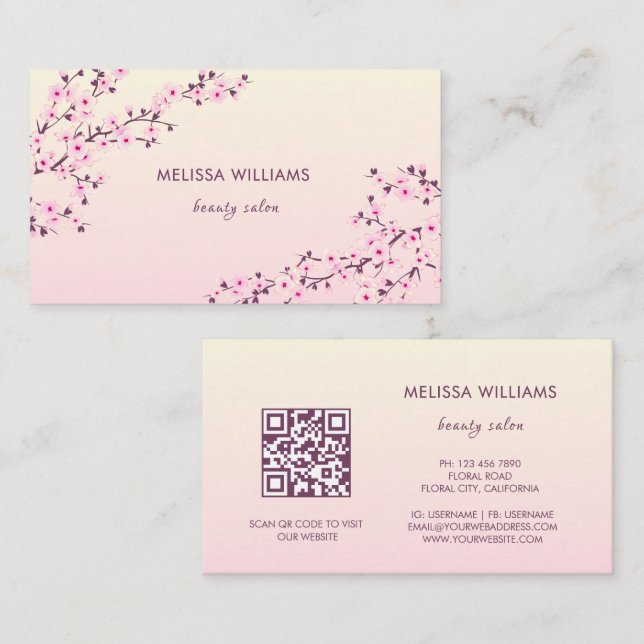Tarjeta De Visita Código QR | Flor de Cerezo Rosa (Anverso / Reverso)
