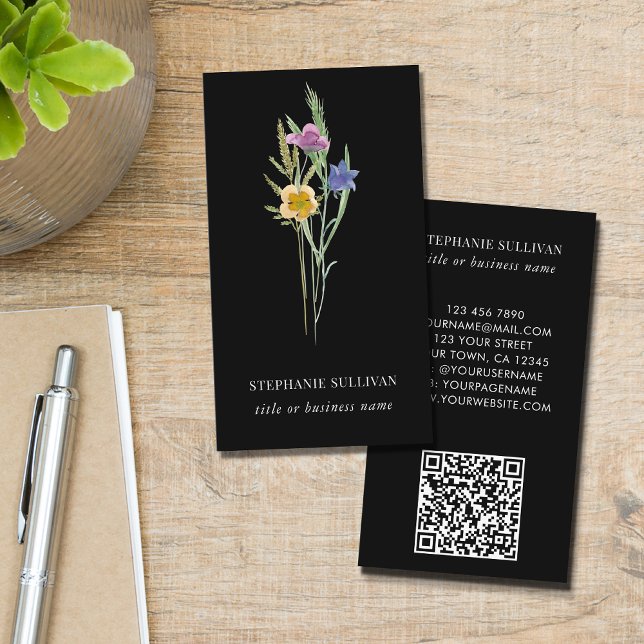 Tarjeta De Visita Código QR Flor silvestre profesional negro (Subido por el creador)