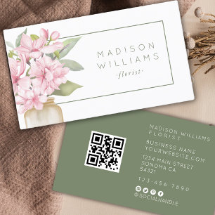 Tarjeta De Visita Código QR Floral Acuarela Elegante Moderna Florist