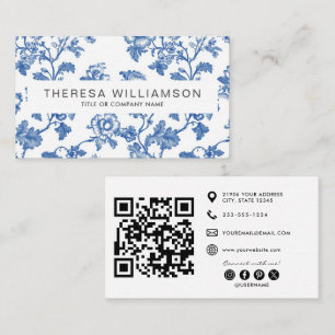 Tarjeta De Visita Código QR Floral Azul Elegante Toile