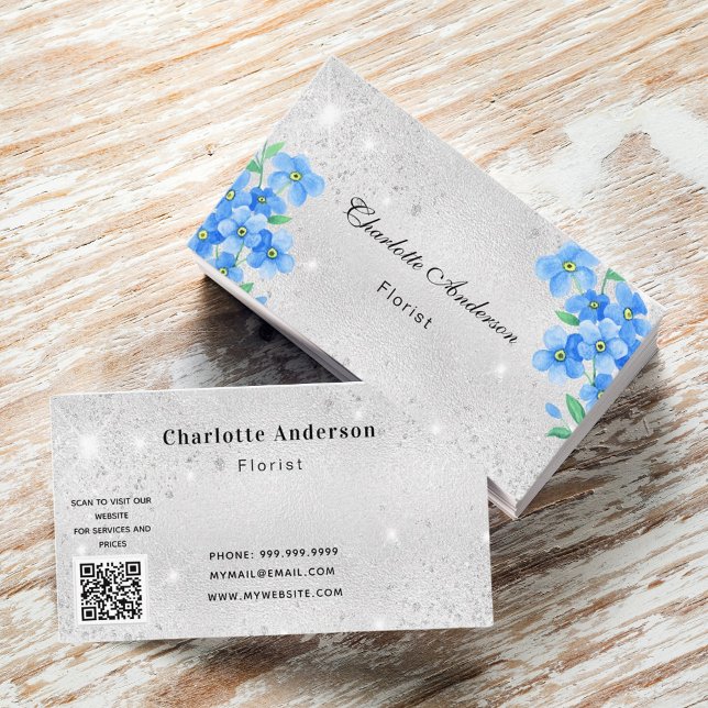 Tarjeta De Visita Código QR floral azul purpurina plateado (Subido por el creador)