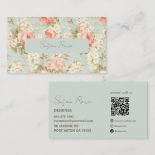 Tarjeta De Visita Código QR Floral Boho Chic Vintage Rosas Verde Sal