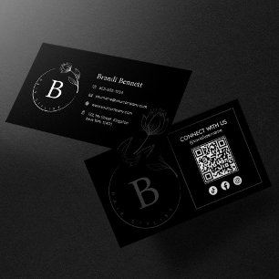 Tarjeta De Visita Código QR Floral Botánico de Estilista Minimalista