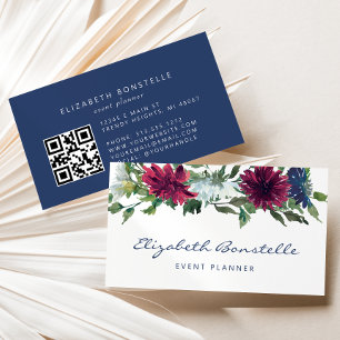 Tarjeta De Visita Código QR floral de acuarela azul marino y borgoña