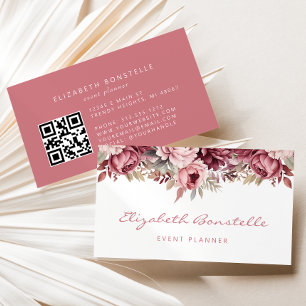 Tarjeta De Visita Código QR floral de acuarela rosa polvoriento burg