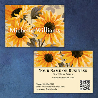 Tarjeta De Visita Código QR floral de girasoles amarillos modernos y
