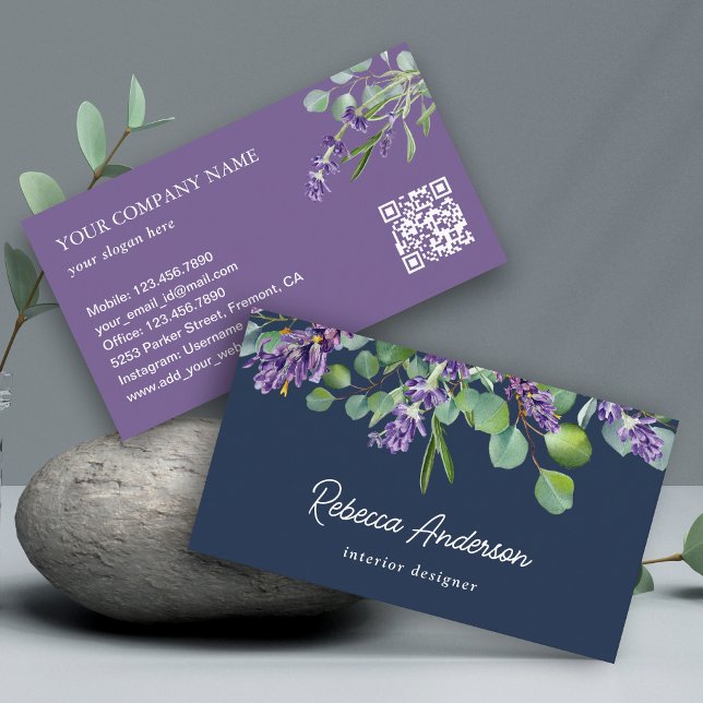 Tarjeta De Visita Código QR floral de lavanda rústica eucalipto navy (Subido por el creador)