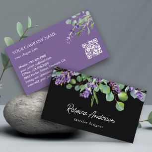 Tarjeta De Visita Código QR floral de lavanda rústica eucalipto negr