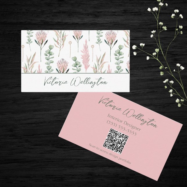 Tarjeta De Visita Código QR floral de moda rosa y verde (Subido por el creador)