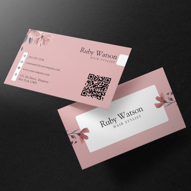 Tarjeta De Visita Código QR floral rosa de Hairstylist moderno minim (Subido por el creador)