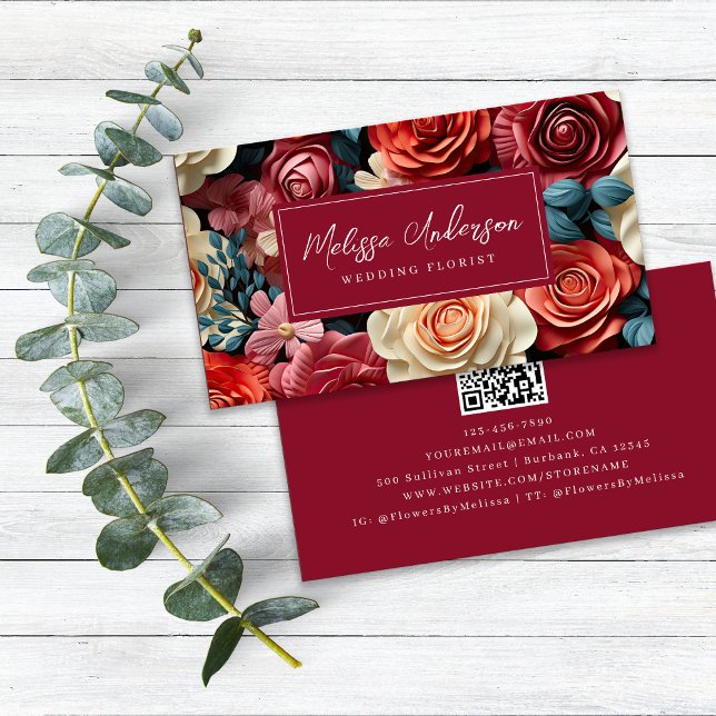 Tarjeta De Visita Código QR floral único de Borgoña (Subido por el creador)