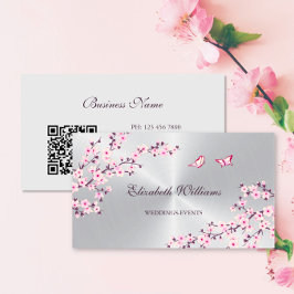 Tarjeta De Visita Código QR | Flores de cerezo Plata rosa
