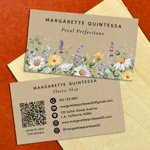 Tarjeta De Visita Código Qr Florista Flor Silvestre Acuarela Kraft R
