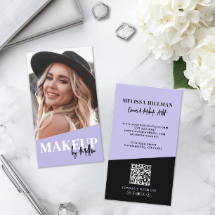 Tarjeta De Visita Código QR Foto Maquillaje Morado Vertical
