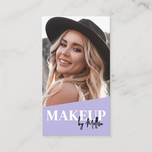 Tarjeta De Visita Código QR Foto Maquillaje Morado Vertical (Anverso)