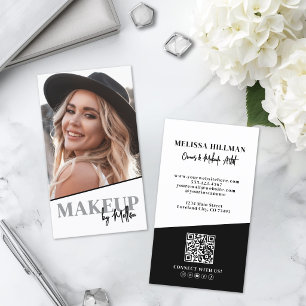 Tarjeta De Visita Código QR Foto Maquillaje Vertical Blanco Negro