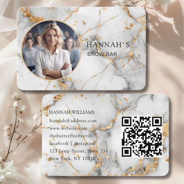 Tarjeta De Visita Código QR, foto, mármol, oro blanco, salón (QR-Code, Photo, Marble, White-Gold, Salon Business Card)