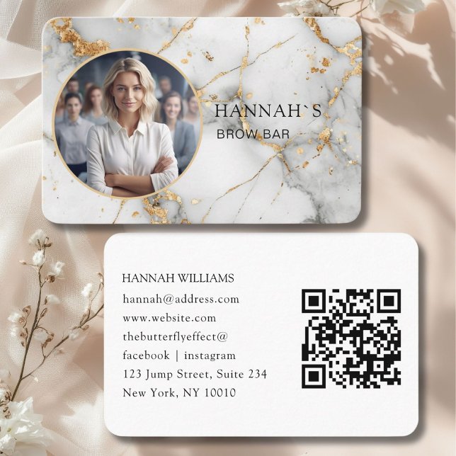 Tarjeta De Visita Código QR, foto, mármol, oro blanco, salón (QR-Code, Photo, Marble, White-Gold, Salon Business Card)