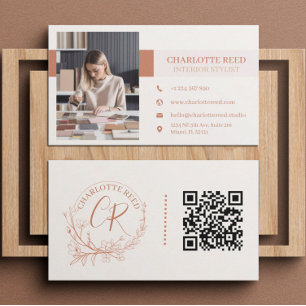 Tarjeta De Visita Código QR Foto Monograma Floral Terracotta