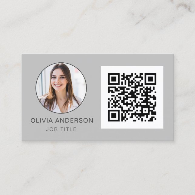 Tarjeta De Visita Código QR Foto profesional Gris plateado (Anverso)