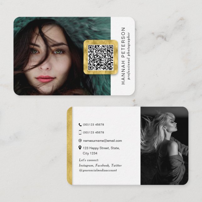 Tarjeta De Visita Código QR fotos modernas de redes de oro  (Anverso / Reverso)
