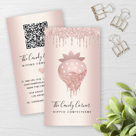 Tarjeta De Visita Código QR Fresa Rosa Oro Drip Confección Dulce