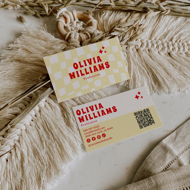 Tarjeta De Visita Código QR Funky Retro Amarillo Negrita Groovy (Subido por el creador)