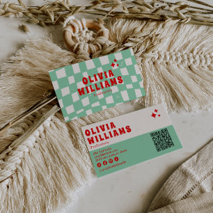 Tarjeta De Visita Código QR Funky Retro Green Bold Groovy Checkered 
