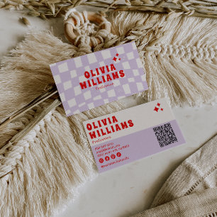 Tarjeta De Visita Código QR Funky Retro Purple Bold Groovy Checkered