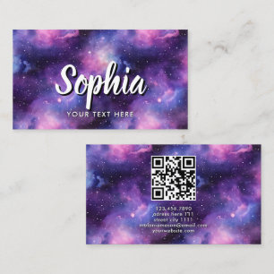 Tarjeta De Visita Código QR Galaxia Cósmica Estrellas Nebulosa Púrpu
