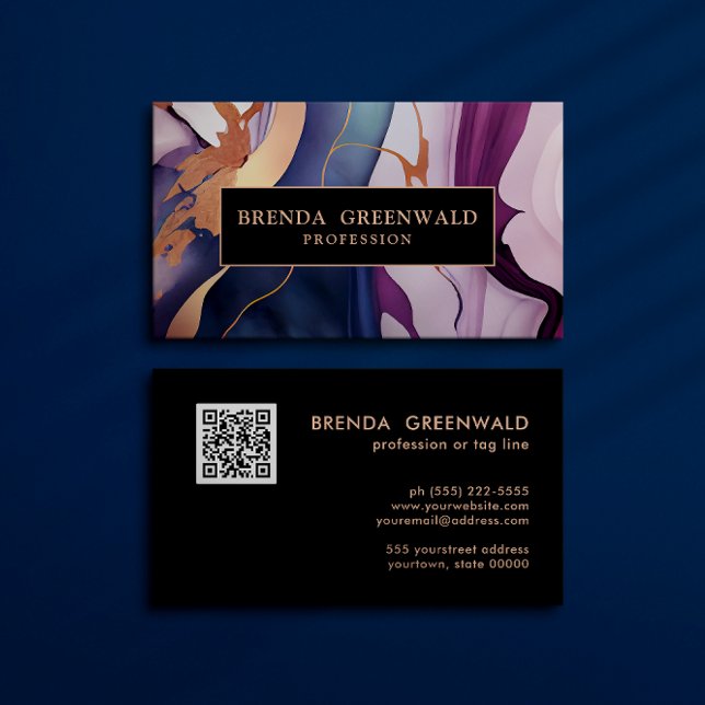Tarjeta De Visita CÓDIGO QR Glam Liquid Marble Blue Purple Gold (Subido por el creador)