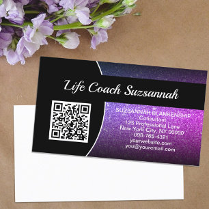 Tarjeta De Visita Código QR Glitter Ombre Morado Profesional Persona