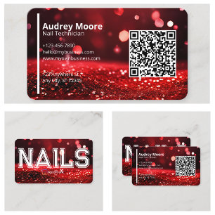 Tarjeta De Visita Código QR Glitter Rojo Moderno Técnico de Uñas Pro