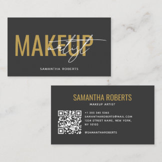 Tarjeta De Visita Código QR gris dorado de artista de maquillaje mod