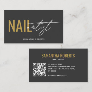 Tarjeta De Visita Código QR gris dorado de artista de uñas moderno