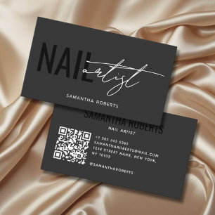 Tarjeta De Visita Código QR gris negro de artista de uñas moderno