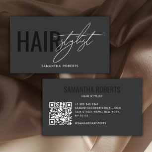 Tarjeta De Visita Código QR gris negro de estilista de cabello moder
