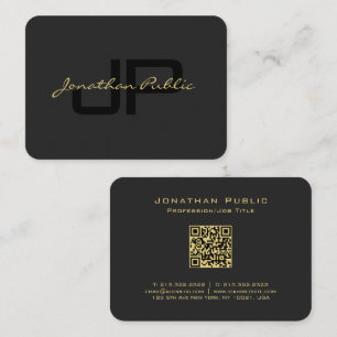 Tarjeta De Visita Código QR Guión dorado Texto elegante negro podero