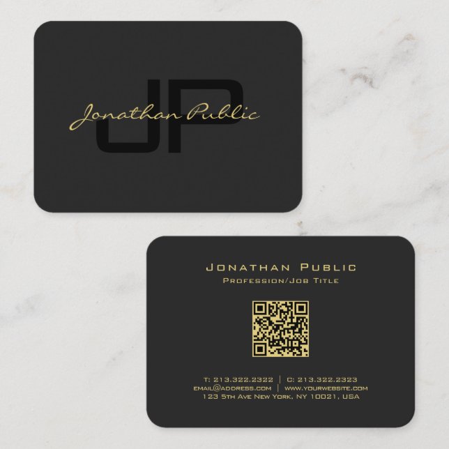 Tarjeta De Visita Código QR Guión dorado Texto elegante negro podero (Anverso / Reverso)