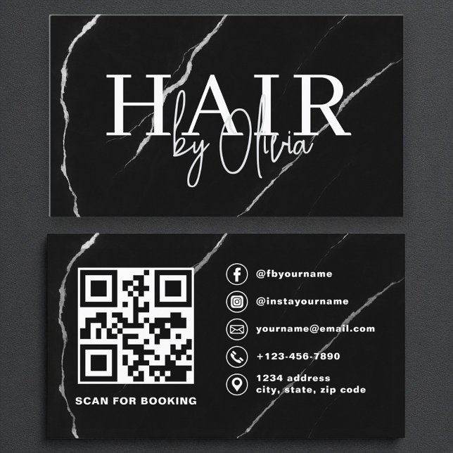 Tarjeta De Visita Código QR Hair Stylist Silver Marble negro (Subido por el creador)