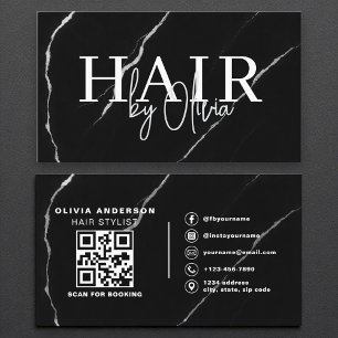Tarjeta De Visita Código QR Hair Stylist Silver Marble negro