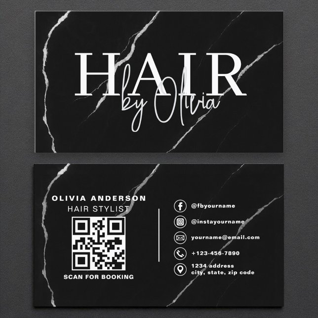 Tarjeta De Visita Código QR Hair Stylist Silver Marble negro (Subido por el creador)