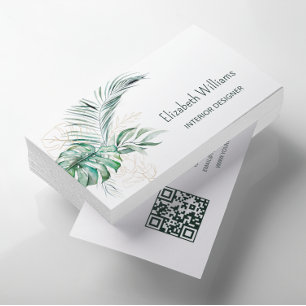 Tarjeta De Visita Código QR   Hojas Tropicales Acuarela