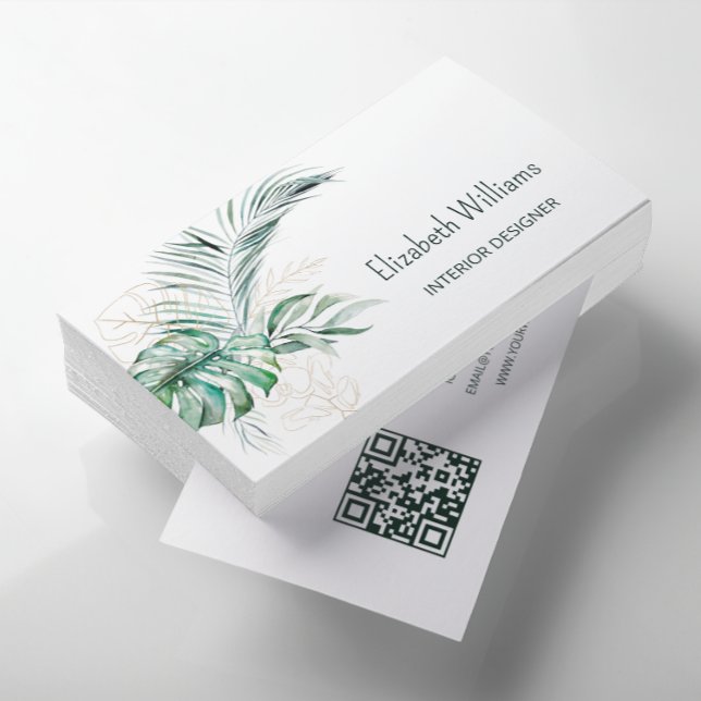 Tarjeta De Visita Código QR | Hojas Tropicales Acuarela (Subido por el creador)