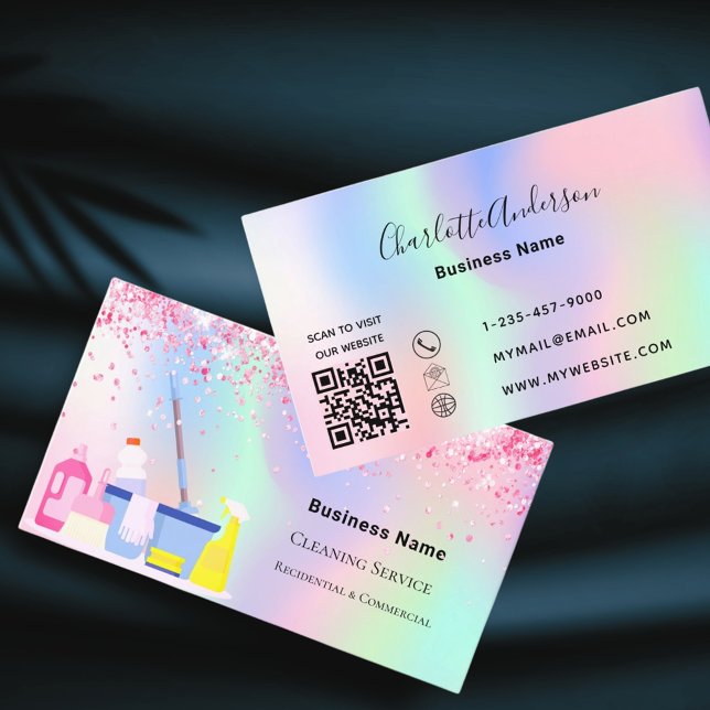 Tarjeta De Visita Código QR holográfico rosa del servicio de limpiez (Subido por el creador)