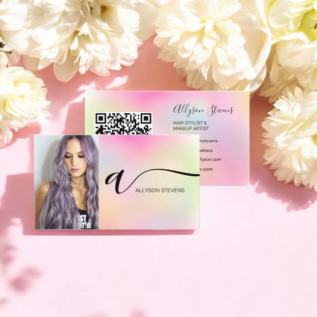 Tarjeta De Visita Código qr inicial para maquillaje de pelo holográf (Holographic hair makeup photo initial qr code business card)