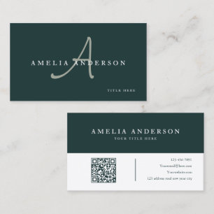Tarjeta De Visita Código QR inicial verde oscuro elegante moderno