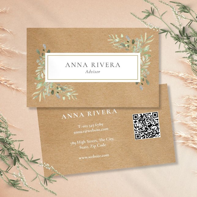 Tarjeta De Visita Código QR Kraft Rústico Verde Acuarela (Watercolor Greenery Rustic Kraft QR Code Business Card)