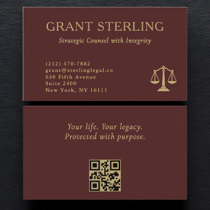 Tarjeta De Visita Código QR Legal Escamas de Justicia Borgoña Dorado