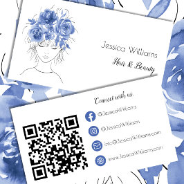 Tarjeta De Visita Código QR lindo chica color azul rosas floral